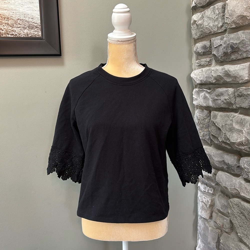 Black quarter sleeve women’s sweater, knit design at cuff, black, S